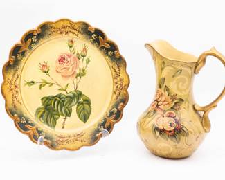 Raymond Waites Matching Victorian Rose Decorative Pitcher And Plate