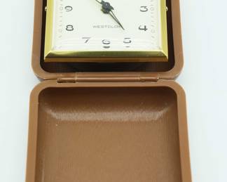 Vintage Westclox Wind Up Travel Alarm Clock/Pocket Watch In Tan Brown Case