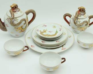 Vintage Japan Dragonware China Tea Set, Lithophane Porcelain Cups, Plates, Dragon Teapot - 13 Pieces