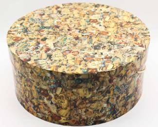 Victorian Collage Hat Box W/ Vintage Christmas Ornaments Inside 