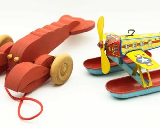 1930s J. Chein Tin Litho Toy Windup Pontoon Sea Plane & Larry Lobster Wood Pull Toy Country Workshop Made In M