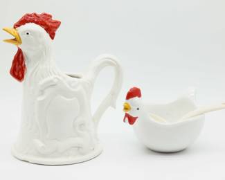 Vintage 9.5H French Rooster Le Gaulois Ceramic Pottery Pitcher Made In Italy W/ Small Rooster Bowl