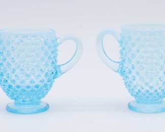Vintage Fenton Milk Glass Blue Opalescent  Hobnail Sugar And Creamer Set