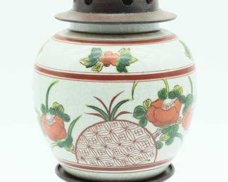 Old Kutani Ceramic Urn/1654 Reproduction Kutani Urn/beautiful Floral Wood Base And Top Kutani Urn