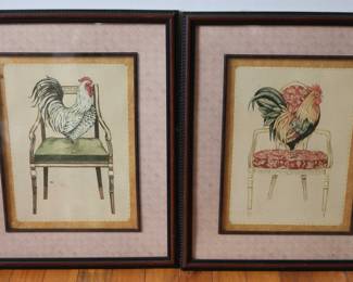Pair Of Roosters On Chair - Wall Art 