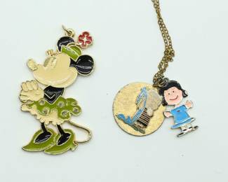 Vintage Enameled Minnie Mouse Large Pendant Necklace & Vintage Peanuts Charms Necklace 