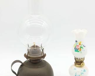 Antique Oil Lamp Small Kerosene Metal & Vintage Milk White Miniature Oil Lamp Floral Design Globe Base