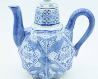 Vintage Chinoiserie Tea Pot Blue & White Asian Decor - Made In China 
