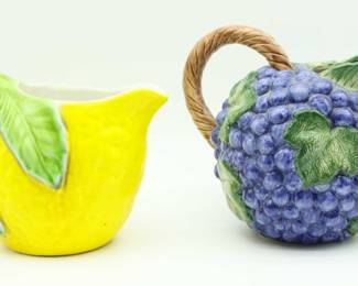 Vintage Fitz & Floyd Grape Vineyards With Greenery Ball Pitcher 2 Quart - 1989 & Vintage Italian Lemon Pitcher