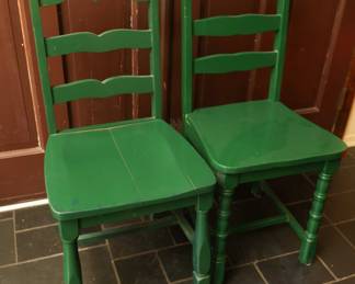 Pair Of Green Wooden Ladder Back Chairs 
