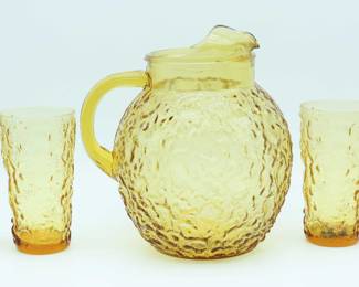 Mid Century Anchor Hocking Milano Lido Honey Gold Pitcher With 4 Glasses