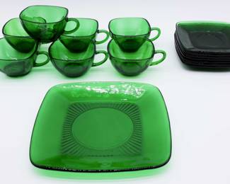7 Fire King Charm Square Saucer Plates, 7 Teacup Forest Green Glass Emerald, 1 Forest Emerald Dinner Plate