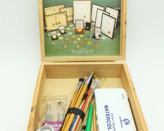 Wooden Box Filled With Art Supplies