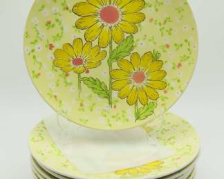 8 Vintage 1970s Mikasa Meadow Song Dinner, Salad Plates And Saucers, Yellow Flowers 70s Mod Floral