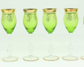 Vintage Murano Green Glass Set Handmade In Murano, Italy W/Gold Rim - 6 Total