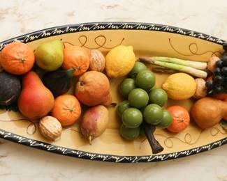 Poet Laval French Ceramic Salmon Serving Platter Dish - Faux Fruit And Vegetables Included  - Home Decor 