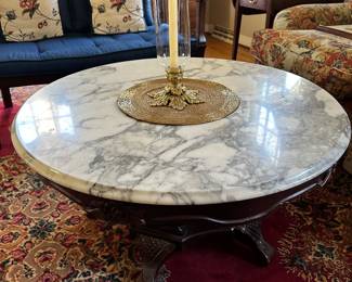 Vintage 2nd Quarter 20th Century, Victorian Revival Style, Round Marble Top Coffee Table with Fanciful Wood Base