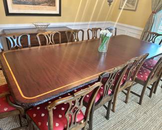 Vintage Regency Style Mahogany Dining Table & 12 Mahogany Chippendale Style Chairs (Two Armchairs and Ten Side Chairs)