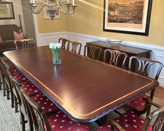 Vintage Regency Style Mahogany Dining Table & 12 Mahogany Chippendale Style Chairs (Two Armchairs and Ten Side Chairs)