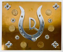 Western Lucky Horseshoe With Six U.S. Morgan Silver Dollar Coins On Brass Plaque: 1878, 1900-O, 1890, 1878-S, 1892, 1886-O
