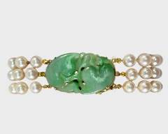 Fine 14K Yellow Gold Carved Jade Three Strand 6mm Pearl Bracelet
