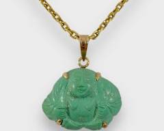 Fine 14K Yellow Gold Hand Carved Turquoise Buddha Pendant Necklace
