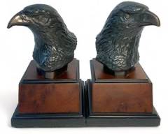 2 Elegant Cast Metal Eagle Head on Wood Base Book Ends
