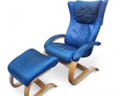 Vintage HJELLEGJERDE MOBLER Norway Danish Mid Century Modern MCM Lounge Chair and Ottoman Blue Leather Bentwood
