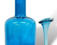 Fine HOLMEGAARD Denmark Mid Century Modern MCM 15 Inch Tall Otto Brauer Blue Art Glass Vase and Beautiful Blue Aseda Bud Art Glass Vase
