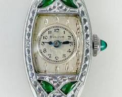 Antique Bulova Miss Liberty Art Deco Green Simulated Gemstone 17 Jewel Mechanical Wristwatch
