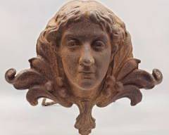 Antique Iron Green or Roman Bust Head with Scrolls on Stand hand or mount to wall or brick
