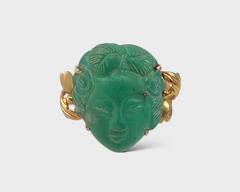 Fine 14K Yellow Gold Carved Green Gemstone Cocktail Ring Size 6.5
