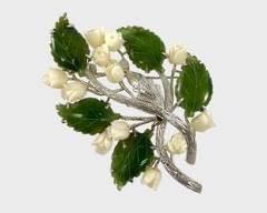 Fine 14K White Gold Jade & Angel Skin Coral Floral Spray Large Brooch
