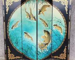 Vintage Asian Black Lacquer Hand painted Koi Fish 4 Panel Screen Room Divider 2 Sided
