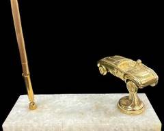 Vintage Miniature Brass 1 Ferrari Race Car & Pen Holder on Resin Block
