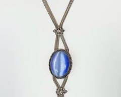 37 Grams Fine Sterling Silver Blue Gemstone Cats Eye Fringe 20 Inch Statement Necklace
