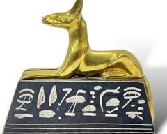 Vintage Egyptian Revival Figural Anubis Dog On Carved Hieroglyphs Stone Base
