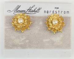 Miriam Haskell For Nordstrom Gold Tone Flower Faux Pearl Clip On Earrings - Signed In Original Package
