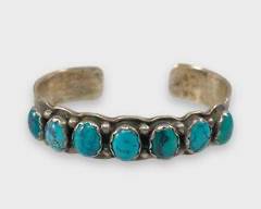 Navajo Sterling Silver Seven Stone Turquoise Cuff Bracelet Signed RS
