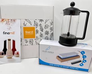 All New: Finamill Spice Mill In Box, Bodum French Coffee Press & Sharp Pebble Sharpening Stone
Lot #: 159