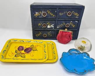 1940s Wood & Tin Family Bank With Labeled Drawers, Small Trays, Pressed Daisy Paperweight & Coin Purse
Lot #: 168