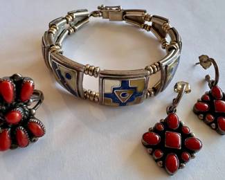 
Bill & Lou Zuni Vintage Coral Ring , Sterling Inlay Bracelet & D. Lucas Sterling Earrings
Lot #: 41
