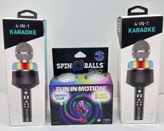 2 Karaoke Mics & Spin Balls LED Poi Kit Falshing Light Toy
Lot #: 186
