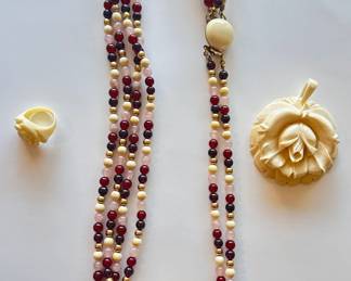 Vintage Bone & Beaded Necklace, Large Bone Charm & Faux Bone Ring
Lot #: 147
