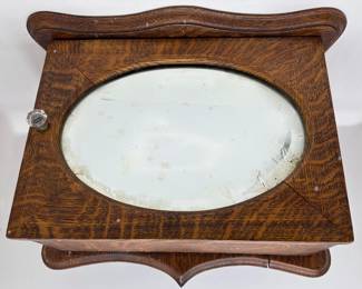 Antique Tiger Wood Barber Shop Wall Cabinet With Shelf & Mirror With Engraved Brass Hardware
Lot #: 73