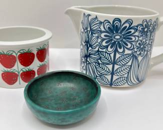 Mid-Century Modern Arabia Finland Pitcher, Strawberry Bowl (no Lid) & Small Trinket Bowl
Lot #: 103