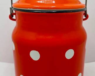 Vintage Lidded Milk Jug: Enameled Orange With White Polka Dots Metal And Wood Handle
Lot #: 65