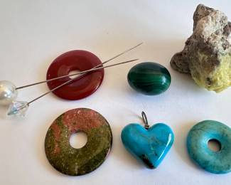Natural Stone Pendant Circles, Heart Charm, Egg, Stone & 2 Vintage Hat Pins
Lot #: 163