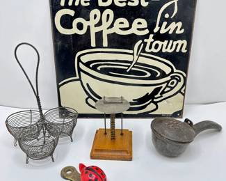 Vintage Metal Coffee Sign, Lady Bug Clip, Wire Egg Basket, Ice Scrape & Note Holder With Spring
Lot #: 141