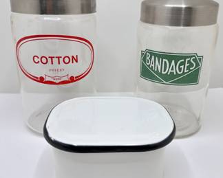 Vintage Profex Glass Bandages Jar, Pyrex Cotton Jar & Small Enamel Box, All With Lids
Lot #: 133
